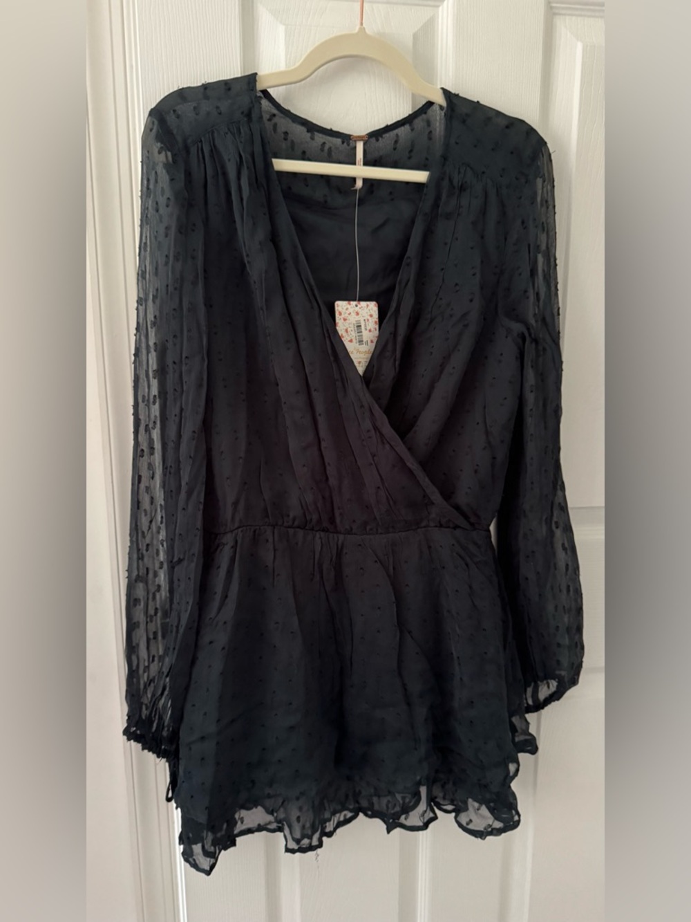 Free People Dark Green Sheer Wrap Tunic with Dotted Texture